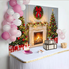 Lofaris Toile de fond de Noël cheminée sapins décorés et cadeaux, arrière-plan de fête hivernale pour studio photo
