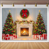 Lofaris Toile de fond de Noël cheminée sapins décorés et cadeaux, arrière-plan de fête hivernale pour studio photo