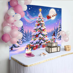 Lofaris Toile de fond de Noël magique avec sapin enneigé et Père Noël, magnifique décor hivernal pour fête de fin d'année