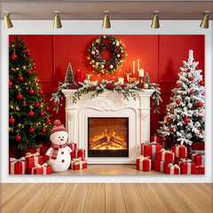 Lofaris Toile de fond de Noël cheminée sapins et bonhomme de neige, magnifique arrière-plan festif pour studio photo et fête d'hiver
