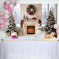 Lofaris Toile de fond de Noël cheminée et sapins enneigés avec guirlande rouge, élégant décor hivernal pour séances photo et ambiance festive