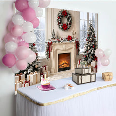 Lofaris Toile de fond de Noël cheminée et sapins enneigés avec guirlande rouge, élégant décor hivernal pour séances photo et ambiance festive