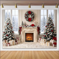Lofaris Toile de fond de Noël cheminée et sapins enneigés avec guirlande rouge, élégant décor hivernal pour séances photo et ambiance festive