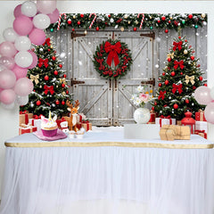 Lofaris Toile de fond de Noël enneigée avec sapins décorés et cadeaux, arrière-plan festif pour studio photo et fête d'hiver