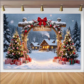 Lofaris Toile de fond de Noël enneigée avec chalets et sapins décorés, décor hivernal féerique pour studio photo et célébrations