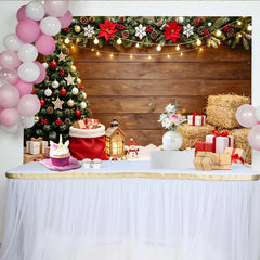 Lofaris Toile de fond de Noël avec sapin décoré et cadeaux sur bois rustique, élégant décor de fête hivernale pour photographie