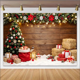 Lofaris Toile de fond de Noël avec sapin décoré et cadeaux sur bois rustique, élégant décor de fête hivernale pour photographie