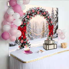 Lofaris Toile de fond de Noël avec arche enneigée et nœuds rouges, magnifique décor d'hiver pour studio photo