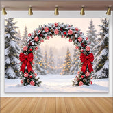 Lofaris Toile de fond de Noël avec arche enneigée et nœuds rouges, magnifique décor d'hiver pour studio photo