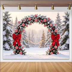 Lofaris Toile de fond de Noël avec arche enneigée et nœuds rouges, magnifique décor d'hiver pour studio photo