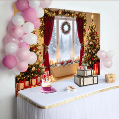 Lofaris Toile de fond de Noël avec sapins décorés et cadeaux, magnifique décor de fête hivernale avec fenêtre enneigée