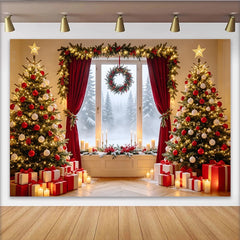 Lofaris Toile de fond de Noël avec sapins décorés et cadeaux, magnifique décor de fête hivernale avec fenêtre enneigée