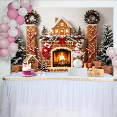 Lofaris Toile de fond de Noël maison en pain d'épices cheminée et sapins enneigés, décor festif pour studio photo et fête