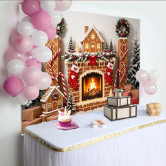Lofaris Toile de fond de Noël maison en pain d'épices cheminée et sapins enneigés, décor festif pour studio photo et fête