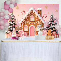 Lofaris Toile de fond de Noël rose maison en pain d'épices et sapins enneigés, décor de fête d'hiver pour séance photo festive