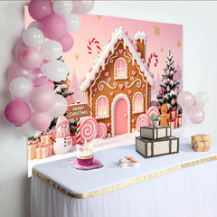 Lofaris Toile de fond de Noël rose maison en pain d'épices et sapins enneigés, décor de fête d'hiver pour séance photo festive