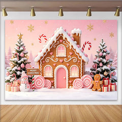 Lofaris Toile de fond de Noël rose maison en pain d'épices et sapins enneigés, décor de fête d'hiver pour séance photo festive