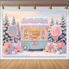 Lofaris Toile de fond de Noël chariot de bonbons pastel et sucettes, décor féerique hivernal avec cadeaux et sapins pour studio