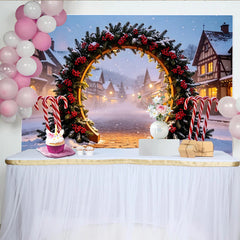 Lofaris Toile de fond de Noël avec arche enneigée, baies rouges et sucres d'orge, magnifique arrière-plan d'hiver pour fête de fin d'année