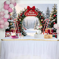Lofaris Toile de fond de Noël enneigée avec arche et inscription Merry Christmas, magnifique décor de fête avec cadeaux et cannes à sucre