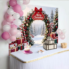 Lofaris Toile de fond de Noël enneigée avec arche et inscription Merry Christmas, magnifique décor de fête avec cadeaux et cannes à sucre