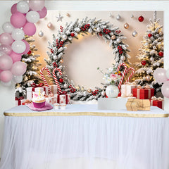 Lofaris Toile de fond de Noël enneigée, couronne festive et cadeaux, arrière-plan hivernal idéal pour photographie de fête