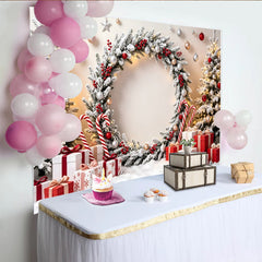 Lofaris Toile de fond de Noël enneigée, couronne festive et cadeaux, arrière-plan hivernal idéal pour photographie de fête