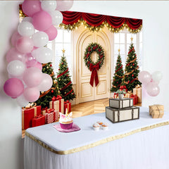 Lofaris Toile de fond de Noël élégante avec sapins décorés, cadeaux et couronne festive, magnifique arrière-plan de fête pour studio photo