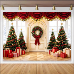 Lofaris Toile de fond de Noël élégante avec sapins décorés, cadeaux et couronne festive, magnifique arrière-plan de fête pour studio photo