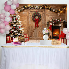 Lofaris Toile de fond de Noël rustique avec sapin enneigé et cheminée chaleureuse, magnifique décor de fête pour studio photo hivernal