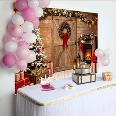 Lofaris Toile de fond de Noël rustique avec sapin enneigé et cheminée chaleureuse, magnifique décor de fête pour studio photo hivernal