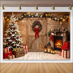 Lofaris Toile de fond de Noël rustique avec sapin enneigé et cheminée chaleureuse, magnifique décor de fête pour studio photo hivernal
