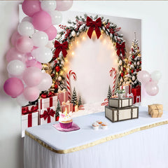 Lofaris Toile de fond de Noël enneigée avec nœuds rouges et baies, magnifique décor festif pour studio photo et fête d'hiver