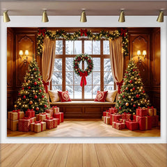 Lofaris Toile de fond de Noël avec fenêtre enneigée et arbres décorés, décor festif pour studio photo et célébrations d'hiver