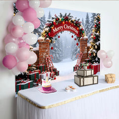 Lofaris Toile de fond de Noël enneigée avec arche décorée, sapins et cadeaux, décor festif pour studio photo et fête d'hiver