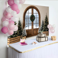 Lofaris Toile de fond de Noël rustique avec sapins enneigés et porte en bois, magnifique décor d'hiver pour studio photo