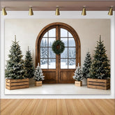 Lofaris Toile de fond de Noël rustique avec sapins enneigés et porte en bois, magnifique décor d'hiver pour studio photo