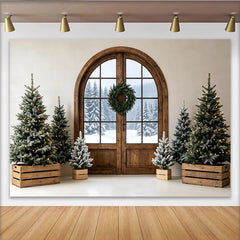 Lofaris Toile de fond de Noël rustique avec sapins enneigés et porte en bois, magnifique décor d'hiver pour studio photo