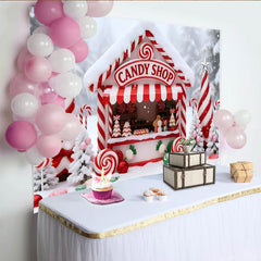 Lofaris Toile de fond de Noël magasin de bonbons enneigé et festif, magnifique arrière-plan d'hiver pour studio photo et fête