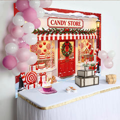 Lofaris Toile de fond de Noël festive avec magasin de bonbons et neige, magnifique arrière-plan rouge avec pains d'épices et cadeaux pour fête