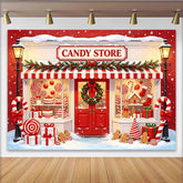 Lofaris Toile de fond de Noël festive avec magasin de bonbons et neige, magnifique arrière-plan rouge avec pains d'épices et cadeaux pour fête