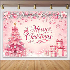 Lofaris Toile de fond de Noël rose Joyeux Noël avec sapin et cadeaux, magnifique décor festif avec flocons de neige pour studio photo