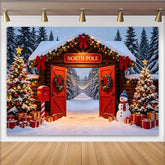 Lofaris Toile de fond de Noël Pôle Nord avec sapins enneigés et cadeaux, arrière-plan de cabane en bois pour fêtes d'hiver