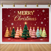 Lofaris Toile de fond de Noël avec sapins colorés et texte Joyeux Noël doré, décor festif avec flocons de neige pour studio photo