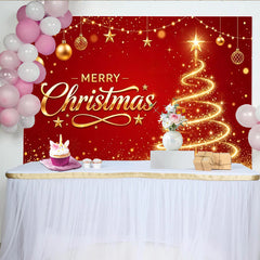 Lofaris Toile de fond de Noël rouge et or avec sapin lumineux et texte Joyeux Noël, décor festif pour célébration et photographie