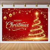 Lofaris Toile de fond de Noël rouge et or avec sapin lumineux et texte Joyeux Noël, décor festif pour célébration et photographie