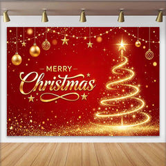 Lofaris Toile de fond de Noël rouge et or avec sapin lumineux et texte Joyeux Noël, décor festif pour célébration et photographie