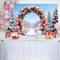 Lofaris Toile de fond de Noël enneigée avec arche festive et cannes à sucre, décor d'hiver féerique pour studio et célébrations