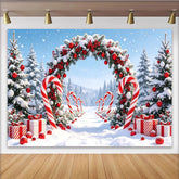 Lofaris Toile de fond de Noël enneigée avec arche festive et cannes à sucre, décor d'hiver féerique pour studio et célébrations
