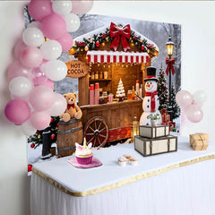 Lofaris Toile de fond de Noël avec bonhomme de neige et stand de chocolat chaud, magnifique arrière-plan hivernal pour studio photo